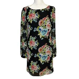 Lulu's black floral long sleeve mini dress size S